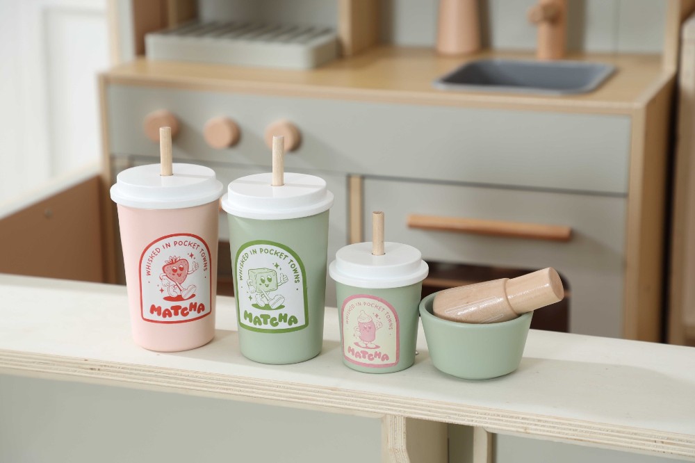 A child's role-play kitchen with Matcha cups by Pocket Towns 