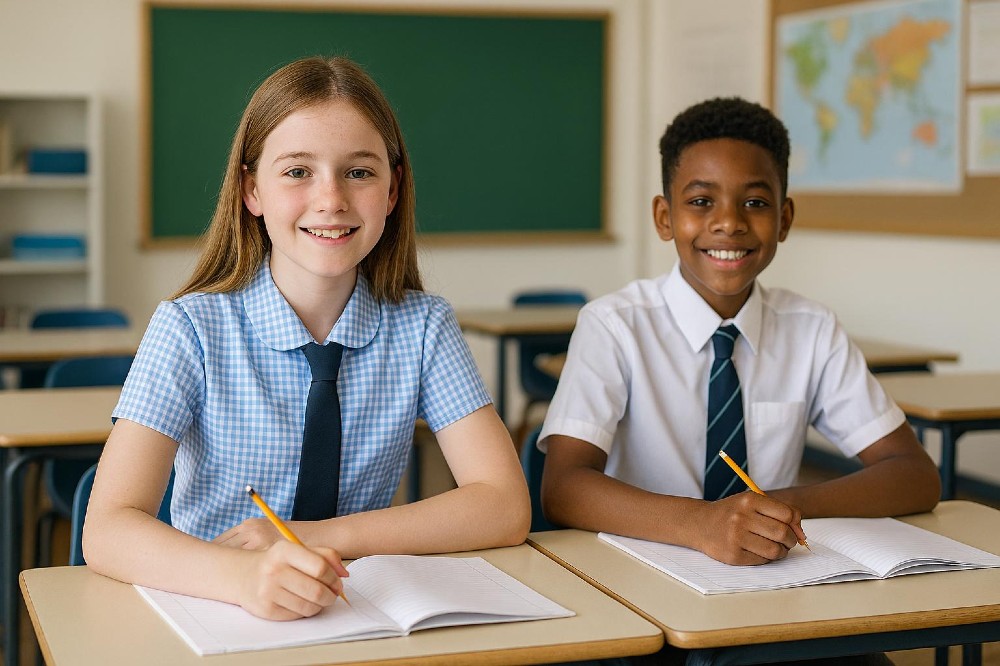A boy and girl wearing school uniforms sat at a desk in a classroom