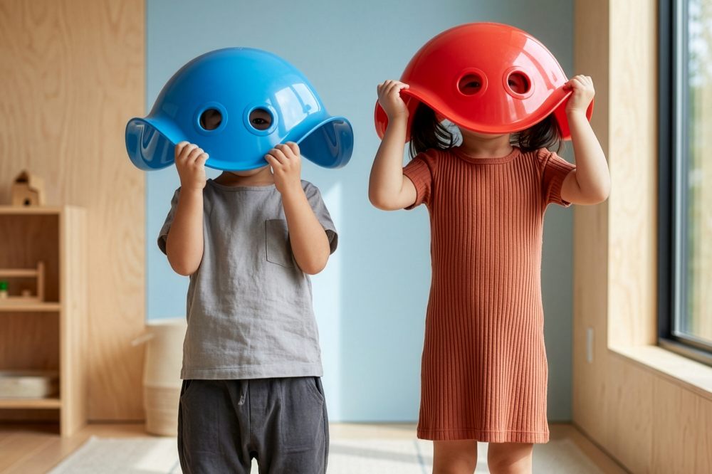 Two children with Bilibo toys on their head