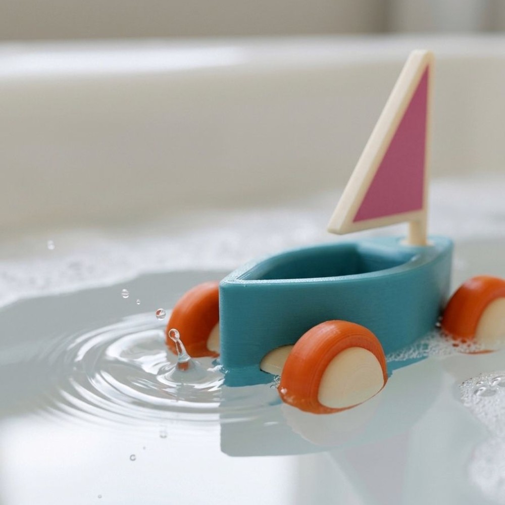 A child's toy boat shown in a bath