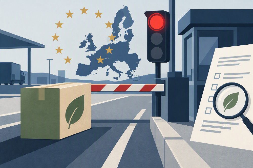 A graphic to illustrate a legal advice piece on selling consumer goods through EU distributors: the green-claims questions for UK brands