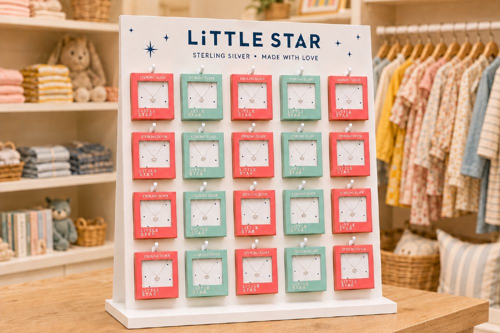 A POS stand displaying Little Star children's jewellery on the counter of a childrenswear shop