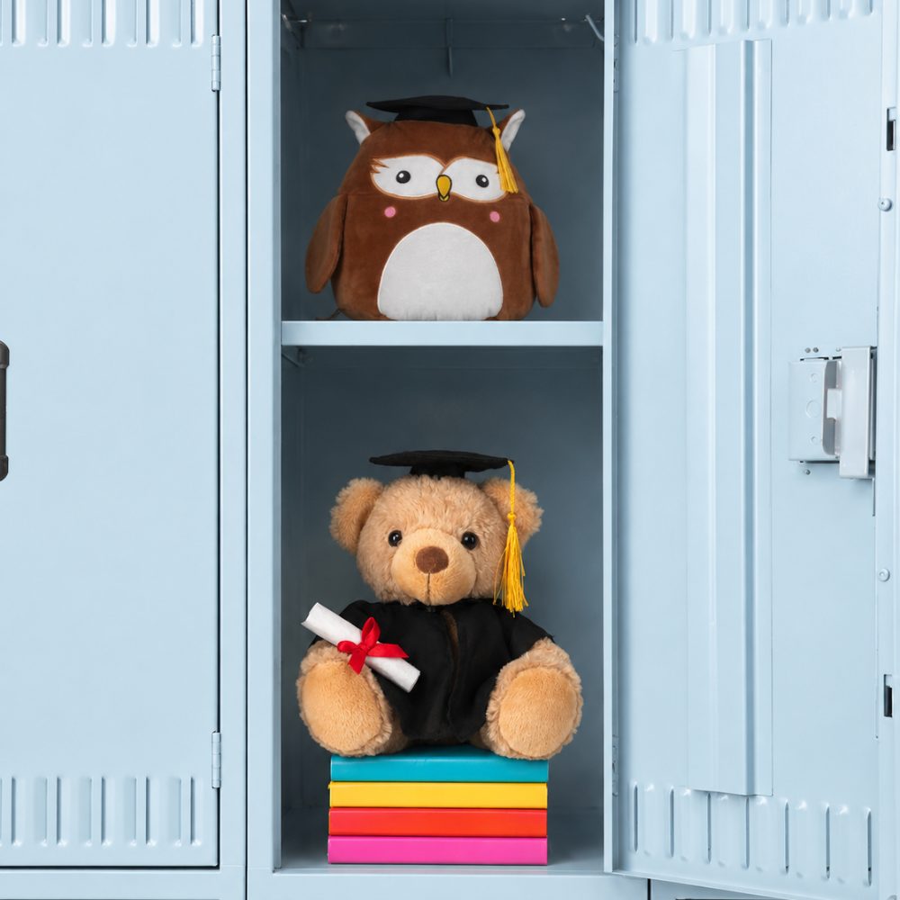 School themed soft toys displayed in a blue school locker