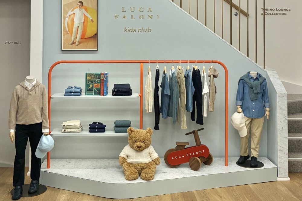 Childrenswear shown displayed in-store within the Luca Faloni Kids Club